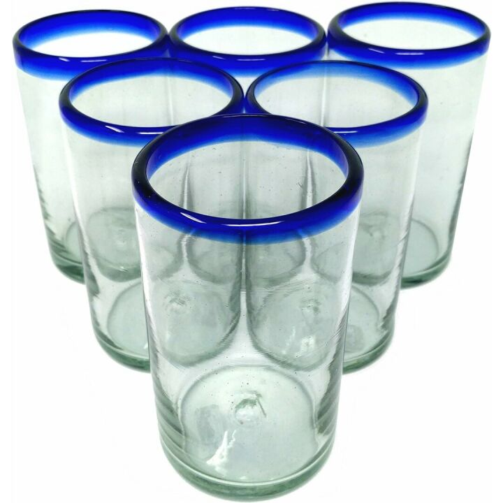 Hand Blown Mexican Glasses Set of 6 with Blue Rims