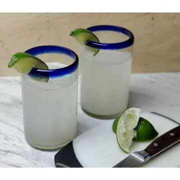 Hand Blown Mexican Glasses Set of 6 with Blue Rims