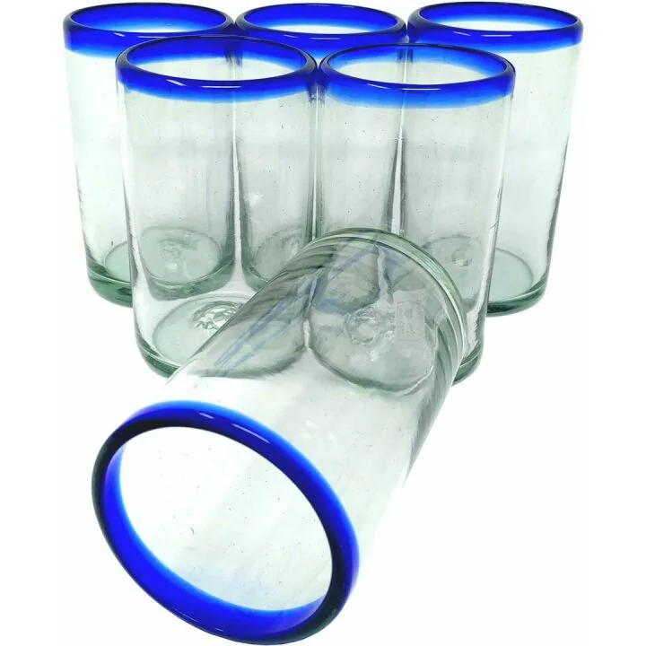 Hand Blown Mexican Glasses Set of 6 with Blue Rims