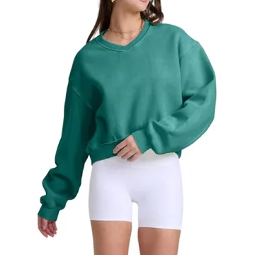 Hatant Sweatshirt for Women Acid Wash Athletic Hoodies Heritage Fleece V-neck Long Sleeve Hoodie Y2K Crop Pullover Women Sweatshirt Cotton Fleece Lined Hoodies Workout Pullover Shirt Emerald Green-M