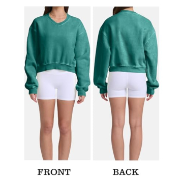 Hatant Sweatshirt for Women Acid Wash Athletic Hoodies Heritage Fleece V-neck Long Sleeve Hoodie Y2K Crop Pullover Women Sweatshirt Cotton Fleece Lined Hoodies Workout Pullover Shirt Emerald Green-M