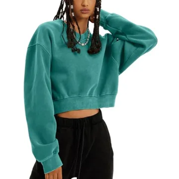Hatant Sweatshirt for Women Acid Wash Athletic Hoodies Heritage Fleece V-neck Long Sleeve Hoodie Y2K Crop Pullover Women Sweatshirt Cotton Fleece Lined Hoodies Workout Pullover Shirt Emerald Green-M