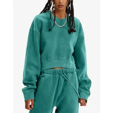 Hatant Sweatshirt for Women Acid Wash Athletic Hoodies Heritage Fleece V-neck Long Sleeve Hoodie Y2K Crop Pullover Women Sweatshirt Cotton Fleece Lined Hoodies Workout Pullover Shirt Emerald Green-M