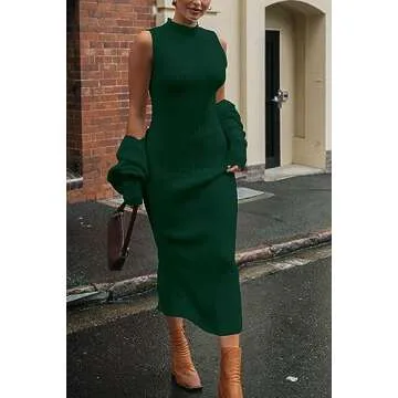 PRETTYGARDEN Womens Fall 2 Piece Outfits Bodycon Maxi Tank Pullover Sweater Dress And Long Sleeve Cropped Cardigan Knit Sets (Dark Green,Small)