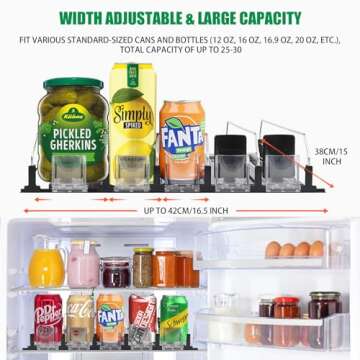 LAISGOO Drink Organizer for Fridge, 5 Rows Self-Pushing Soda Can Dispenser for Refrigerator with Pusher Glide, Width Adjustable Fridge Can Organizer, Beer Pop Can Water Bottle Drink Storage