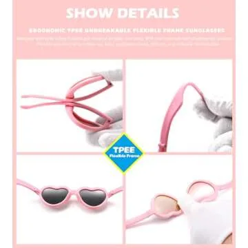 NULOOQ Flexible Heart Shaped Baby Polarized Sunglasses with Strap Adjustable Toddler & Infant Age 0-24 Months (White/Purple Red Mirrored + Pink/Pink Mirrored) - 2 Pack