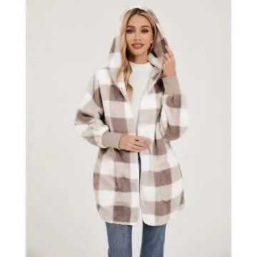 LookbookStore Fleece Cardigans for Women Hooded Cardigan for Women Cute Oversized Hoodies Open Front Hooded Cardigans Taupe Plaid Size Medium Size 8 Size 10