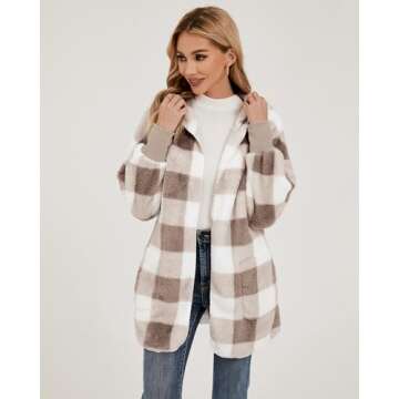 LookbookStore Fleece Cardigans for Women Hooded Cardigan for Women Cute Oversized Hoodies Open Front Hooded Cardigans Taupe Plaid Size Medium Size 8 Size 10