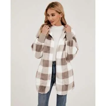 LookbookStore Fleece Cardigans for Women Hooded Cardigan for Women Cute Oversized Hoodies Open Front Hooded Cardigans Taupe Plaid Size Medium Size 8 Size 10