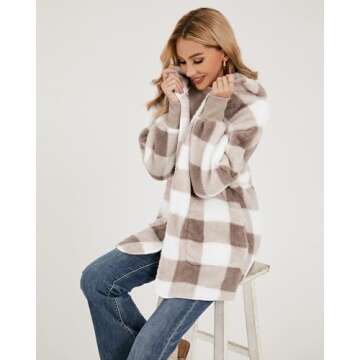 LookbookStore Fleece Cardigans for Women Hooded Cardigan for Women Cute Oversized Hoodies Open Front Hooded Cardigans Taupe Plaid Size Medium Size 8 Size 10
