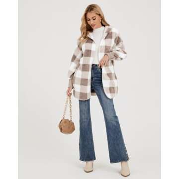 LookbookStore Fleece Cardigans for Women Hooded Cardigan for Women Cute Oversized Hoodies Open Front Hooded Cardigans Taupe Plaid Size Medium Size 8 Size 10