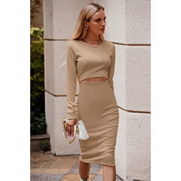 PRETTYGARDEN Women's Long Sleeve Midi Bodycon Dresses Casual Crewneck Cut Out Ribbed Knit Fitted Pencil Dress (Khaki,Medium)