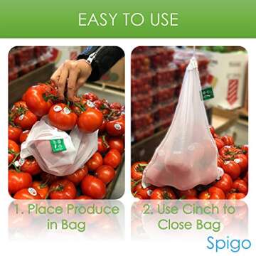 MESH PRODUCE BAGS By Spigo Reusable and Washable with Color Coded Tags, Ideal for Grocery Shopping, Making Nut Milk, Washing and Storing Fruits and Vegetables, 5 Count, 12x14 Inches