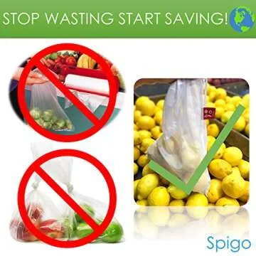 MESH PRODUCE BAGS By Spigo Reusable and Washable with Color Coded Tags, Ideal for Grocery Shopping, Making Nut Milk, Washing and Storing Fruits and Vegetables, 5 Count, 12x14 Inches