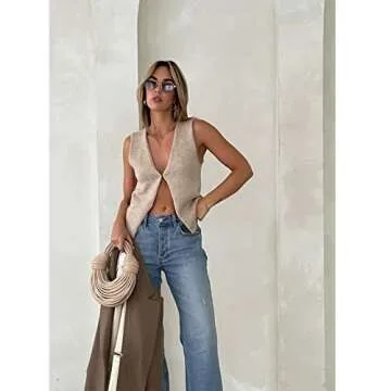 Women Vintage Crochet Vest Tank Top Y2k Sleeveless V Neck Knit Open Front Crop Top Streetwear
