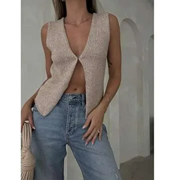 Women Vintage Crochet Vest Tank Top Y2k Sleeveless V Neck Knit Open Front Crop Top Streetwear