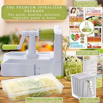 Brieftons 7-Blade Vegetable Spiralizer: Strongest-Heaviest Spiral Slicer, Best Veggie Pasta Spaghetti Maker for Low Carb/Paleo/Gluten-Free Meals, With Container, Lid, Blade Caddy & 4 Recipe Ebooks