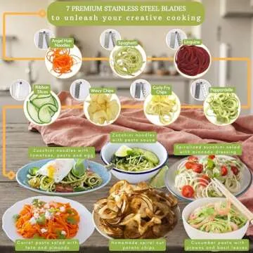Brieftons 7-Blade Vegetable Spiralizer: Strongest-Heaviest Spiral Slicer, Best Veggie Pasta Spaghetti Maker for Low Carb/Paleo/Gluten-Free Meals, With Container, Lid, Blade Caddy & 4 Recipe Ebooks