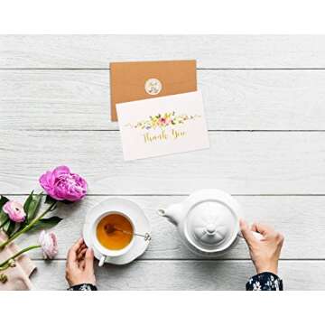 40 Floral & Gold Thank You Cards | Thank You Notes Bulk Box Set with Kraft Envelopes & Stickers | Large 4 x 6" White Greeting Cards Blank Inside | For Wedding, Graduation, Men & Women Sympathy