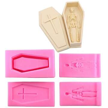 MoldFun Small Size 3D Coffin with Cross and Human Skeleton Skull Silicone Mold for Fondant, Gum Paste, Cake Decorating, Chocolate, Candy, Soap, Bath Bomb, Resin