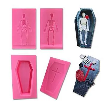 MoldFun Small Size 3D Coffin with Cross and Human Skeleton Skull Silicone Mold for Fondant, Gum Paste, Cake Decorating, Chocolate, Candy, Soap, Bath Bomb, Resin