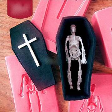 MoldFun Small Size 3D Coffin with Cross and Human Skeleton Skull Silicone Mold for Fondant, Gum Paste, Cake Decorating, Chocolate, Candy, Soap, Bath Bomb, Resin