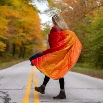 Rumpl Original Puffy Blanket - Warm Puffy Camping Blanket, 100% Recycled Polyester Insulation, Lightweight, Packable, Water-Resistant, Outdoor Puffer Blanket, 52"x75", V1, Dawn Pixel Fade