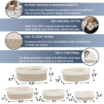 NaturalCozy 5-Piece Rectangle Storage Basket Set- Natural Cotton Rope Woven Baskets for Organizing! ...