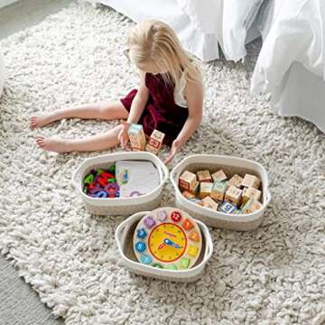 NaturalCozy 5-Piece Rectangle Storage Basket Set- Natural Cotton Rope Woven Baskets for Organizing! Small Basket for Montessori, Baby Nursery, Dog Toy Baskets, Cat Toy Box, Bathroom Organization Bin