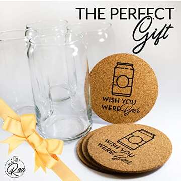 On The Rox Drinks Beer Can Glasses Set of 4- Can Shaped Beer Glass Cups - Holds 16 Oz- Cork Coasters Included in Set- Soda Pop Can Shaped Beer Glasses are Nucleated for Better Tasting Beer