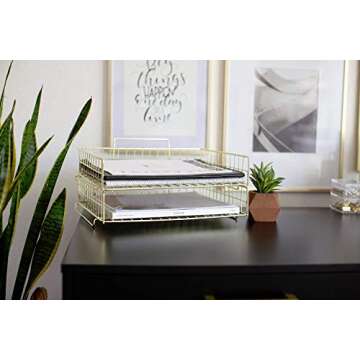 Blu Monaco Gold Desk Organizer Stackable Paper Tray Set of 2 - Metal Wire Two Tier Tray - Stackable Letter Tray - Inbox Tray for Desk