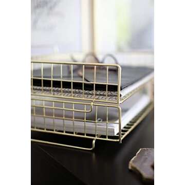 Blu Monaco Gold Desk Organizer Stackable Paper Tray Set of 2 - Metal Wire Two Tier Tray - Stackable Letter Tray - Inbox Tray for Desk