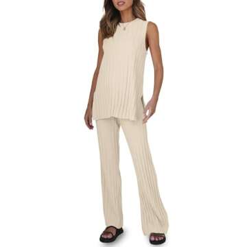 Tankaneo Two Pieces Outfits Sleeveless Top Knit Sets Trendy Lounge Long Pajamas Set Apricot