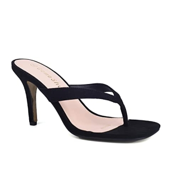 ComeShun Women Slip On Kitten Heels Mules Square Toe Flip Flops Sandals Black Size 6