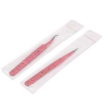 DDP 2 Pieces Straight and Curved Tip Tweezers Nipper for Eyelash Extensions, Pink & Black Stainless ...