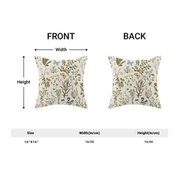 AEIOAE Spring Pillow Covers 16x16 Inch Set of 2,Sage Green Wild Flower Plant Throw Pillows Case,Seasonal Floral Outdoor Decorative Square Linen Farmhouse Decor Cushion Covers for Home Sofa Bed Couch