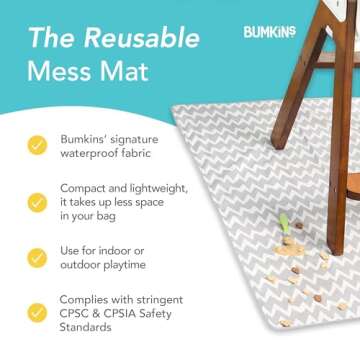 Bumkins Baby Splat Mat for Under High Chair, Babies Toddlers Eating Mess Mat, Waterproof Reusable Cloth for Arts and Crafts, Playtime Mat for Kids, Floors or Tables, Fabric 42inx42in, Gray Chevron