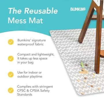Bumkins Baby Splat Mat for Under High Chair, Babies Toddlers Eating Mess Mat, Waterproof Reusable Cloth for Arts and Crafts, Playtime Mat for Kids, Floors or Tables, Fabric 42inx42in, Gray Chevron