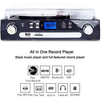 DIGITNOW Bluetooth Record Player with Stereo Speakers, Turntable for Vinyl to MP3 with Cassette Play...