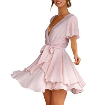 Womens Formal Dresses Short Sleeve Deep V-Neck Tie Waist Cocktail Dress Pink XXL