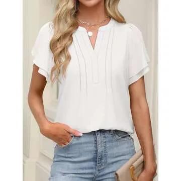 ANRABESS Womens Dressy Chiffon Blouses V Neck Petal Short Sleeve Shirts 2025 Summer Casual Office Work Tops White