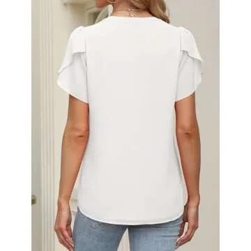 ANRABESS Womens Dressy Chiffon Blouses V Neck Petal Short Sleeve Shirts 2025 Summer Casual Office Work Tops White