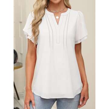 ANRABESS Womens Dressy Chiffon Blouses V Neck Petal Short Sleeve Shirts 2025 Summer Casual Office Work Tops White