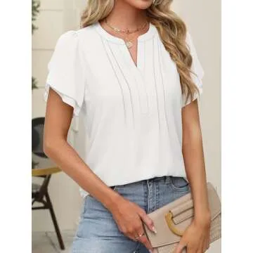 ANRABESS Womens Dressy Chiffon Blouses V Neck Petal Short Sleeve Shirts 2025 Summer Casual Office Work Tops White