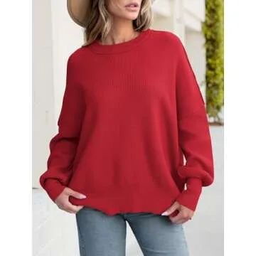 ANRABESS Women Crewneck Batwing Long Sleeve 2024 Fall Oversized Side Slit Ribbed Knit Pullover Sweaters Top Cozy Outfits Red Small