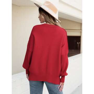 ANRABESS Women Crewneck Batwing Long Sleeve 2024 Fall Oversized Side Slit Ribbed Knit Pullover Sweaters Top Cozy Outfits Red Small