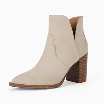 Coutgo Womens Cutout Ankle Boots Pointed Toe Chunky Heel Booties Back Zipper Slip on Western Boot Shoes