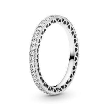 PANDORA Halo Sparkle & Hearts Ring - Sterling Silver Ring for Women - Layering or Stackable Ring - G...