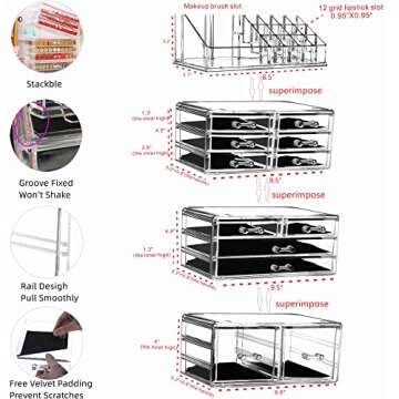 Cq acrylic 4 Pack Clear Makeup Organizer Countertop,Stackable 12 Drawers Skincare Organizer,Cute Ski...