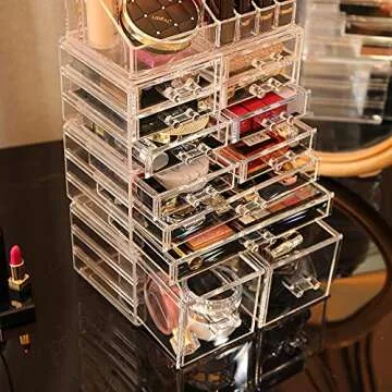 Cq acrylic 4 Pack Clear Makeup Organizer Countertop,Stackable 12 Drawers Skincare Organizer,Cute Skin Care Organizer for Vanity Hair Clip,Jewelry,Beauty Product Desk and Make Up Organizers for Vanity